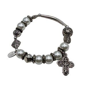 Alexa's Angels Bracelet Women Silver Tone Stretch Beaded Cross Religious 7.8"